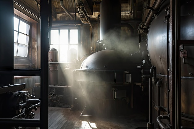 Chaufferie avec vue sur la vapeur et la fumée s'élevant de la chaudière