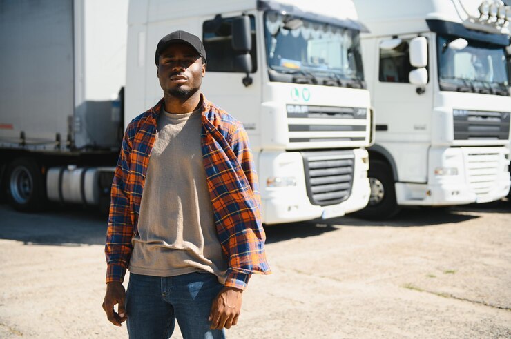 Un chauffeur de camion afro-américain heureux sur le parking Copier l'espace