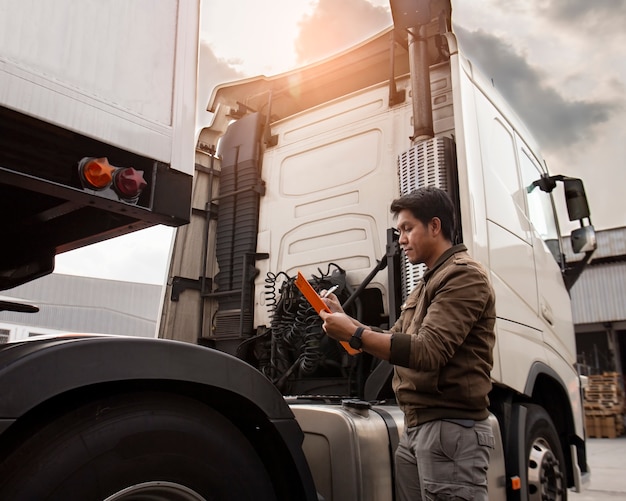 Photo chauffeur de camion asiatique tenant le presse-papiers inspectant la liste de contrôle d'entretien des véhicules de sécurité de semi-remorque moderne