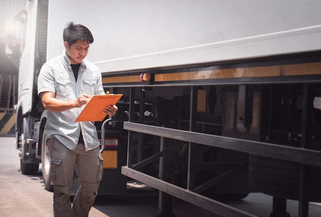 un chauffeur de camion asiatique tenant un presse-papiers vérifie le camion de sécurité d'entretien d'inspection de semi-camion