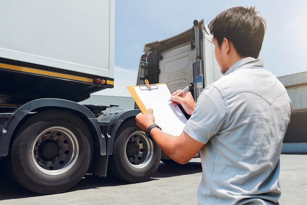 Photo chauffeur de camion asiatique vérifie la liste de contrôle d'entretien de sécurité des camions pneu de roues d'inspection de camion