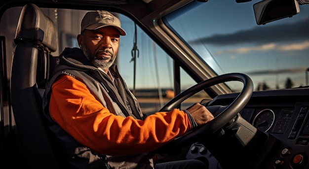 Un chauffeur de camion conduit un camion avec un gilet orange