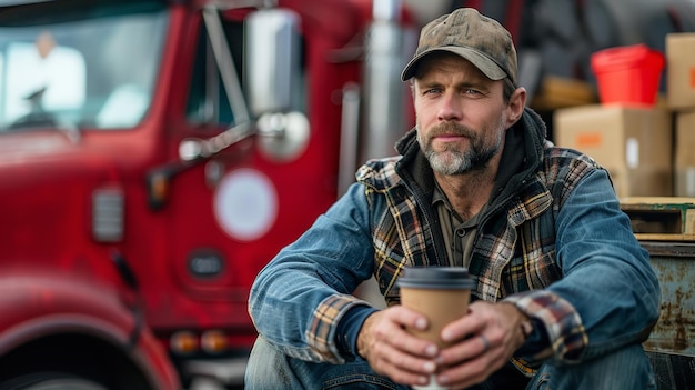 Le chauffeur de camion est allongé et penché sur le camion rouge sirotant du café et semble léthargique alors qu'il attend les ouvriers de l'entrepôt et l'espace IA générative