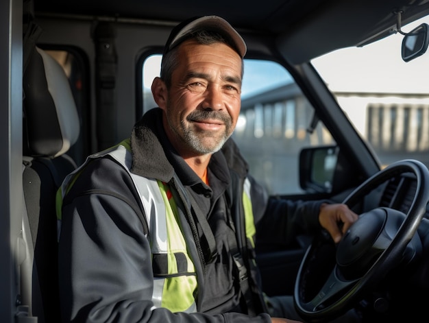 Photo un chauffeur de camion professionnel heureux conduisant son camion et regardant la caméra copier l'espace