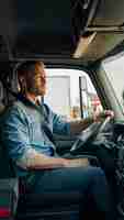 Photo un chauffeur de camion professionnel en vêtements décontractés portant la ceinture de sécurité et conduisant son camion à destination