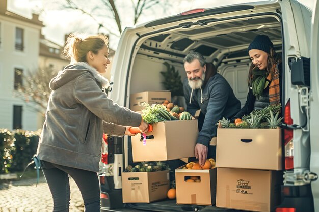 Photo un chauffeur de livraison décharge des boîtes de produits frais d'un fourgon tandis qu'un client reconnaissant accueille le do