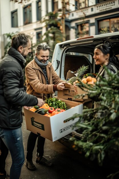 Photo un chauffeur de livraison décharge des boîtes de produits frais d'un fourgon tandis qu'un client reconnaissant accueille le do