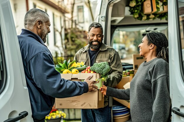 Photo un chauffeur de livraison décharge des boîtes de produits frais d'un fourgon tandis qu'un client reconnaissant accueille le do