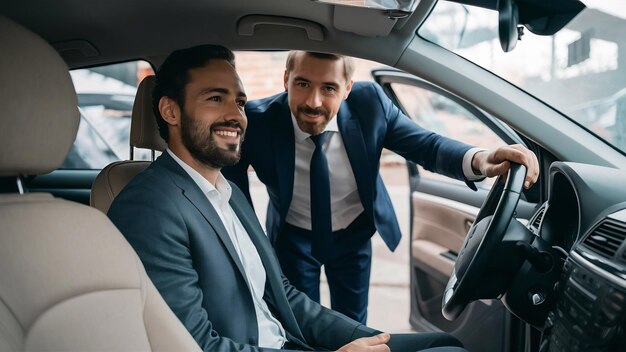 Un chauffeur de taxi souriant en se retournant sur le siège arrière en train de parler avec des clients.