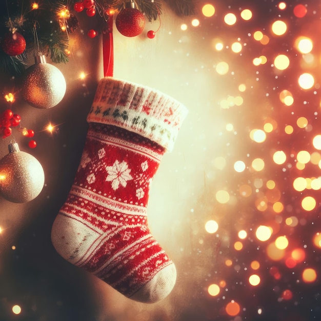 chaussette de Noël avec des cadeaux et des bougies décoration de Noël arrière-plan