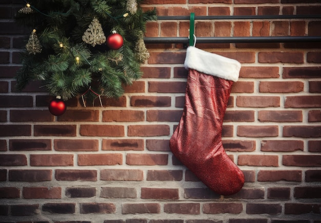 Une chaussette de Noël rouge accrochée à un mur de briques Concept de Noël AI générative