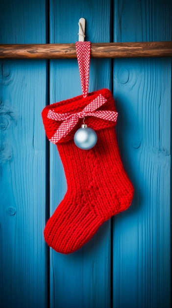 Photo chaussette de noël rouge sur le fond en bois bleu avec espace de copie concept de noël closeup