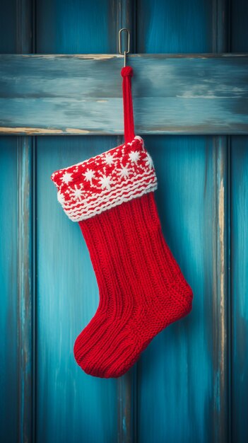 Photo chaussette de noël rouge sur le fond en bois bleu avec espace de copie concept de noël closeup