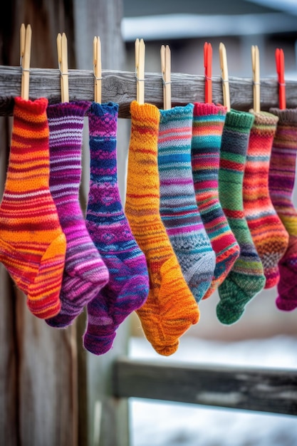 Chaussettes en laine colorées accrochées à une corde à linge créées avec une IA générative