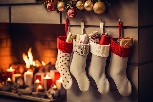 Des chaussettes de Noël accrochées au foyer.