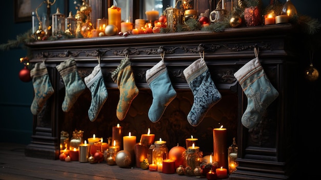 chaussettes de Noël accrochées à un manteau avec des bougies et des bougies.