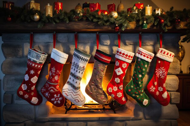 Photo des chaussettes de noël décorées suspendues au-dessus d'une cheminée dans une maison confortable