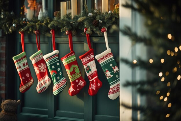 Les chaussettes de Noël sont accrochées à la porte.