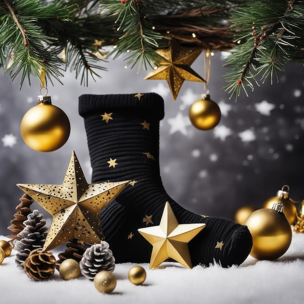 Des chaussettes de Père Noël, des étoiles dorées, des boîtes-cadeaux et des ornements de Noël avec un fond de Noël.