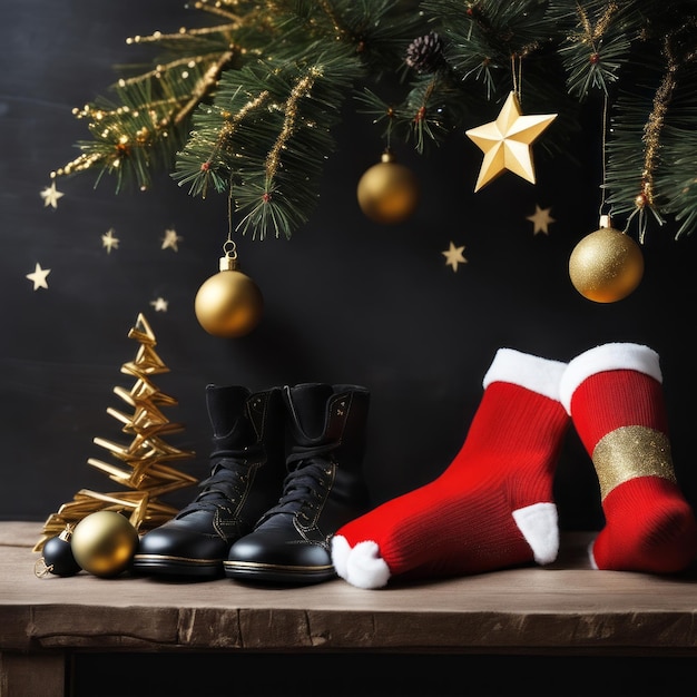 Des chaussettes de Père Noël, des étoiles dorées, des boîtes-cadeaux et des ornements de Noël avec un fond de Noël.