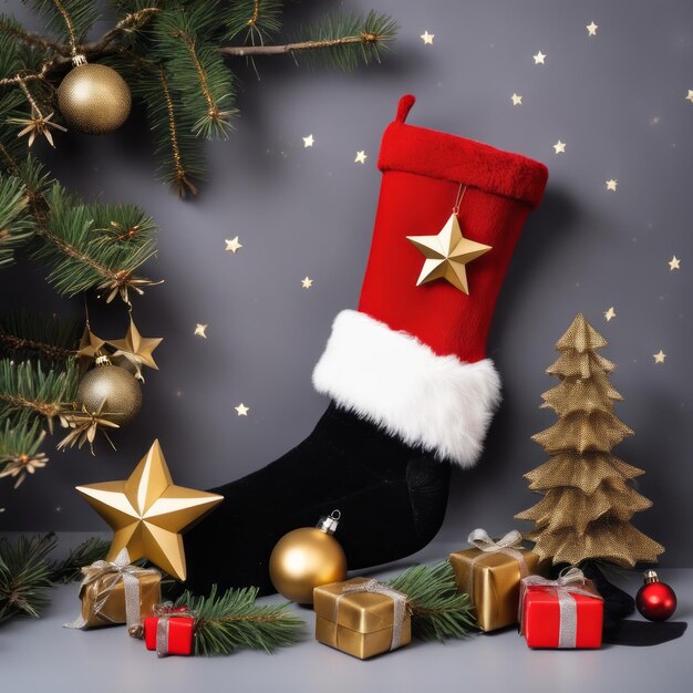 Des chaussettes de Père Noël, des étoiles dorées, des boîtes-cadeaux et des ornements de Noël avec un fond de Noël.