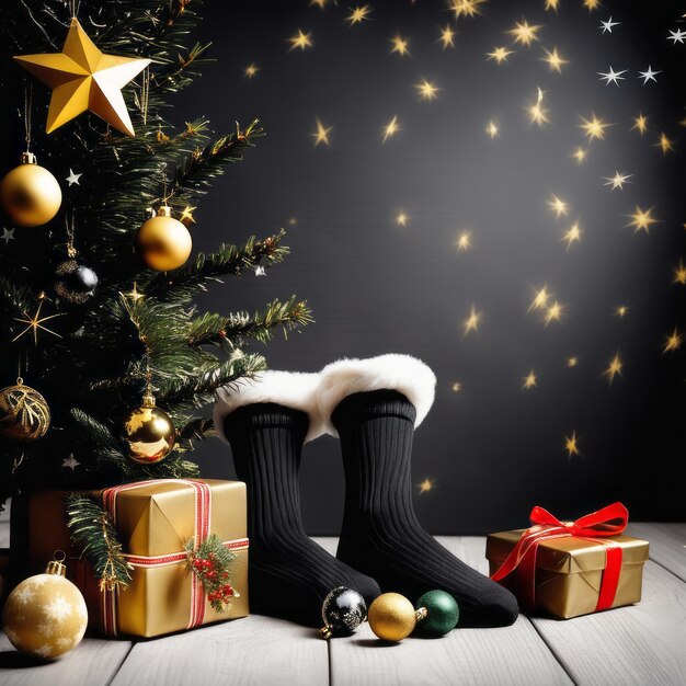 Des chaussettes de Père Noël, des étoiles dorées, des boîtes-cadeaux et des ornements de Noël avec un fond de Noël.