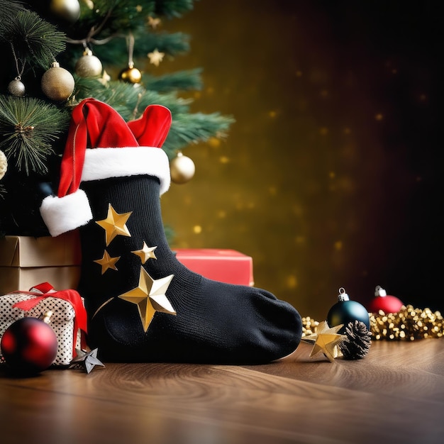 Des chaussettes de Père Noël, des étoiles dorées, des boîtes-cadeaux et des ornements de Noël avec un fond de Noël.