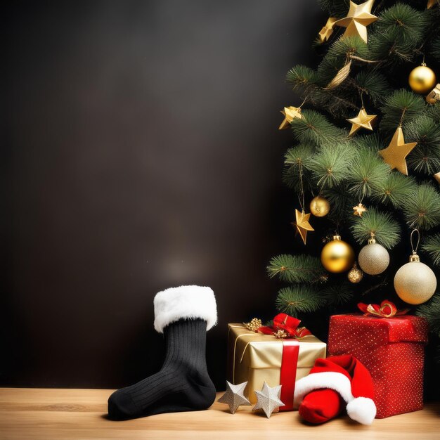 Des chaussettes de Père Noël, des étoiles dorées, des boîtes-cadeaux et des ornements de Noël avec un fond de Noël.