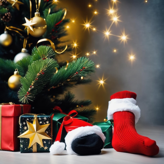 Des chaussettes de Père Noël, des étoiles dorées, des boîtes-cadeaux et des ornements de Noël avec un fond de Noël.