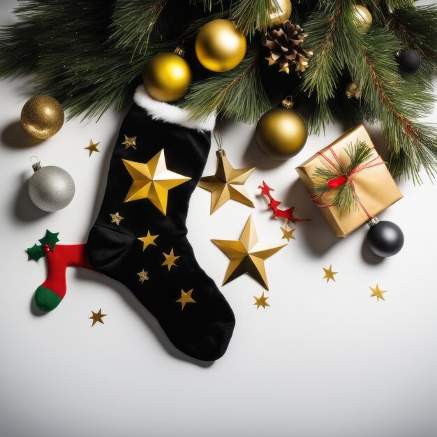 Des chaussettes de Père Noël, des étoiles dorées, des boîtes-cadeaux et des ornements de Noël avec un fond de Noël.