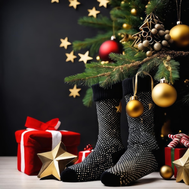 Des chaussettes de Père Noël, des étoiles dorées, des boîtes-cadeaux et des ornements de Noël avec un fond de Noël.