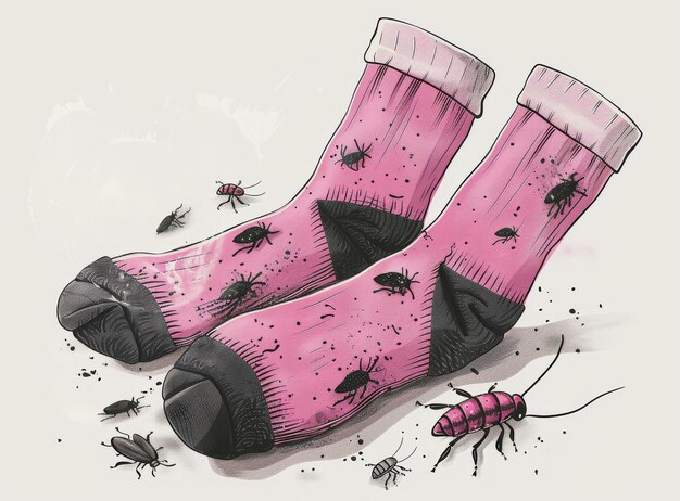Des chaussettes roses avec des insectes noirs.