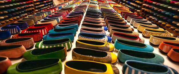 Chaussons et pantoufles faits à la main exposés dans un magasin