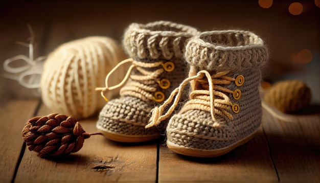 Chaussons tricotés d'hiver ang fil sur fond de bois fond d'hiver ou d'automne