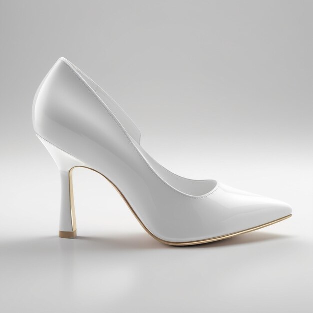 une chaussure blanche avec une garniture dorée est affichée sur un fond blanc
