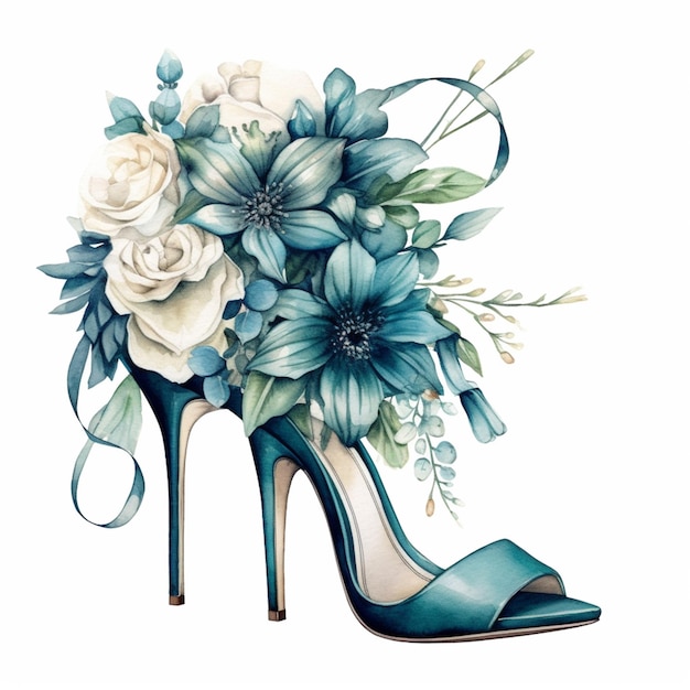 Une chaussure bleue avec des fleurs dessus