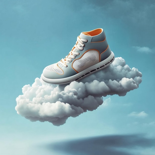 Une chaussure est sur un nuage dans le ciel.