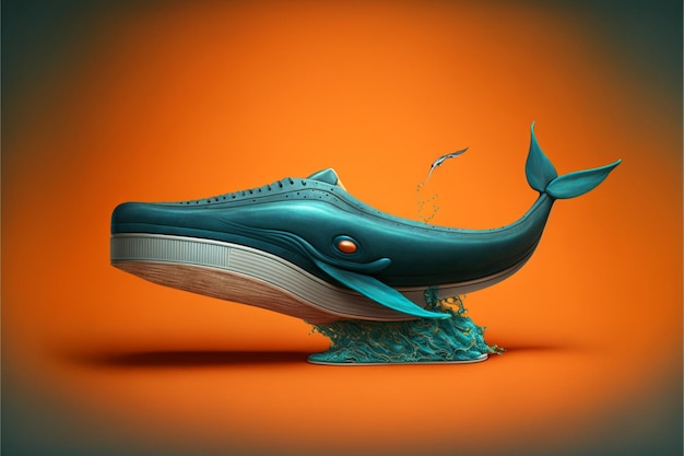 Chaussure en forme de baleine sur fond orange ai générative