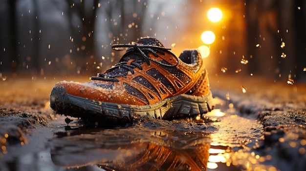 La chaussure d'une personne dans une flaque d'eau AI générative Les pieds d'un coureur dans des baskets de course