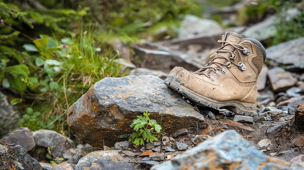 Photo une chaussure de randonnée repose sur un rocher au milieu d'une forêt la chaussure est en cuir et a des lacets bruns la roche est grise et a une surface plate