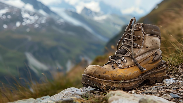 Photo une chaussure de randonnée robuste est posée sur un sommet rocheux surplombant un vaste paysage de sommets enneigés et de vallées luxuriantes.