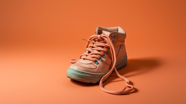 Une chaussure rose et orange avec les lacets noués sur le côté.