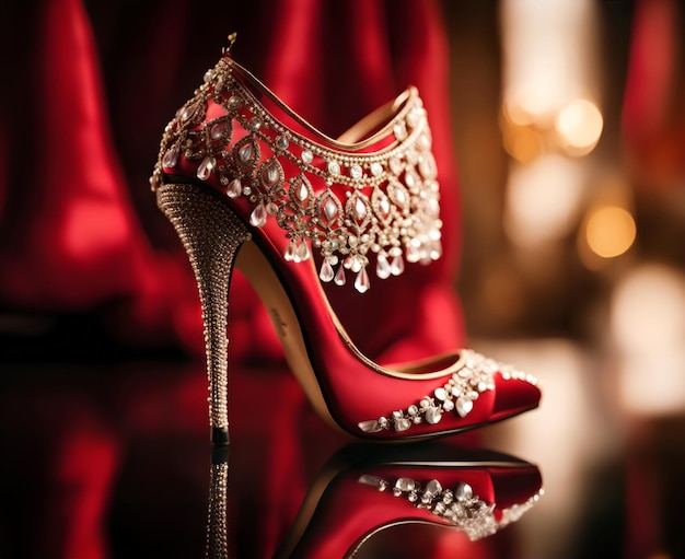 Photo une chaussure rouge avec une garniture argentée avec des diamants sur le bas