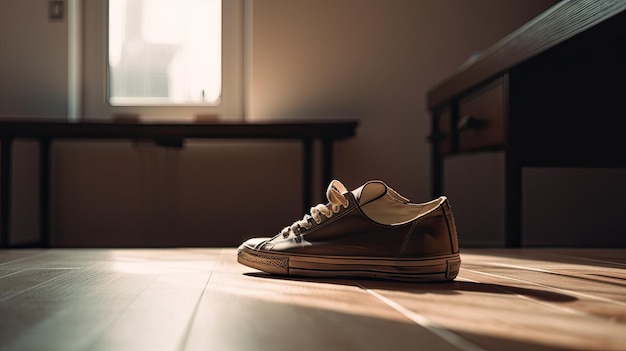 Une chaussure sur le sol dans une pièce sombre