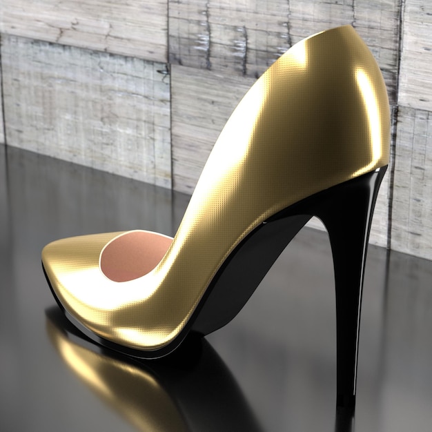Chaussure à talon haut dorée unique avec fond de béton industriel