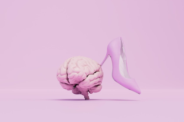 Chaussure à talon rose pour femme qui sort du cerveau sur un fond pastel rendu 3D