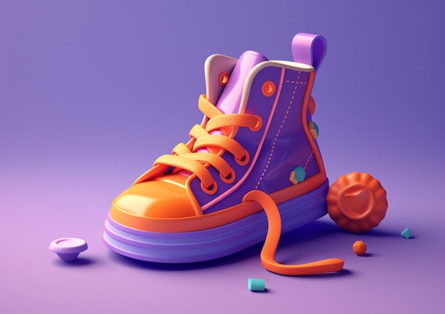 Une chaussure violette et orange avec une chaussure dessus