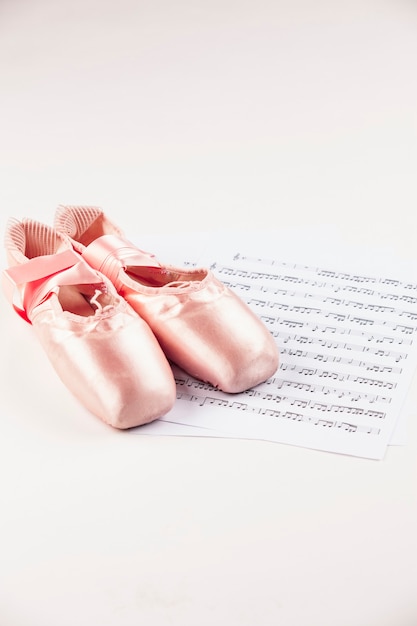 Chaussures de ballet sur une surface blanche au-dessus d'une partition de musique.