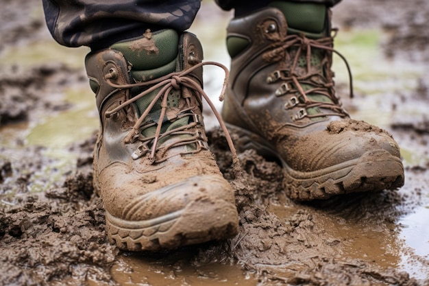 Chaussures boueuses sur sol solide