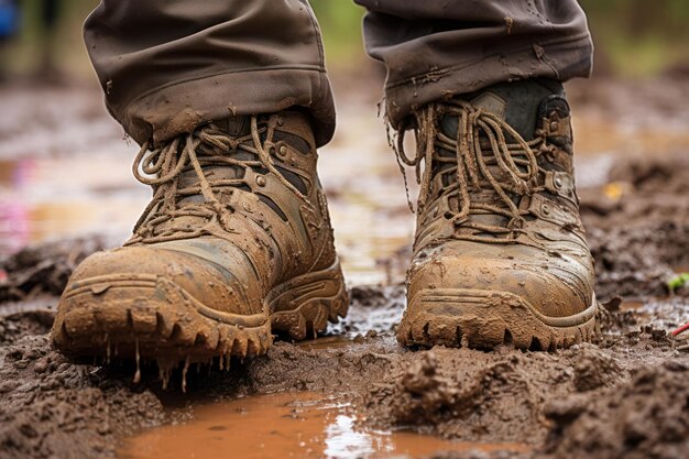 Chaussures boueuses sur sol solide